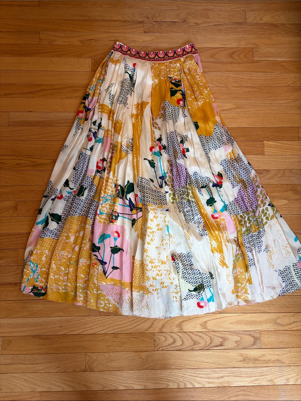 Anthropologie Boho Floral Patchwork Midi Skirt in Mustard & Cream - Picture 5 of 7